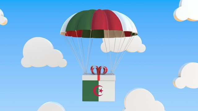 Box with national flag of Algeria falls with a parachute. Loopable conceptual 3D animation
