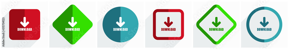 Aufkleber download icon set, flat design vector illustration in 6 options for webdesign and mobile application