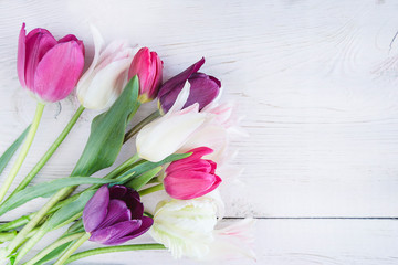 Beautiful bunch of white and purple tulips on white paint wooden background. Copy space, flat lay