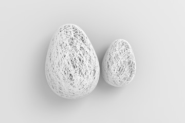 Easter concept. Two egg woven from a plurality of interwoven white filaments lying on a white background. 3D stock illustration.