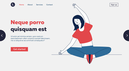 Female yogi training body. Woman sitting in lotus pose, practicing yoga flat vector illustration. Exercising, stress relief, lifestyle concept for banner, website design or landing web page