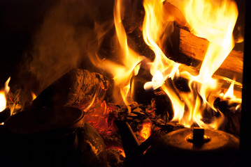 Wood burning in the fireplace