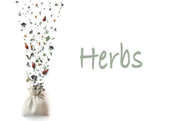 Herbal tea, dry plants and flowers, oregano and mint vitamin drink in a linen bag, isolate, place for text, copy space.