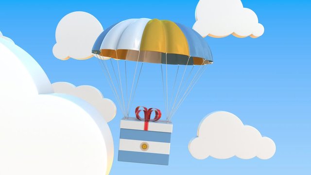 Box with national flag of Argentina falls with a parachute. Loopable conceptual 3D animation