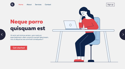 Tired woman using laptop at desk. Professional or expert consulting online flat vector illustration. Communication, workplace concept for banner, website design or landing web page