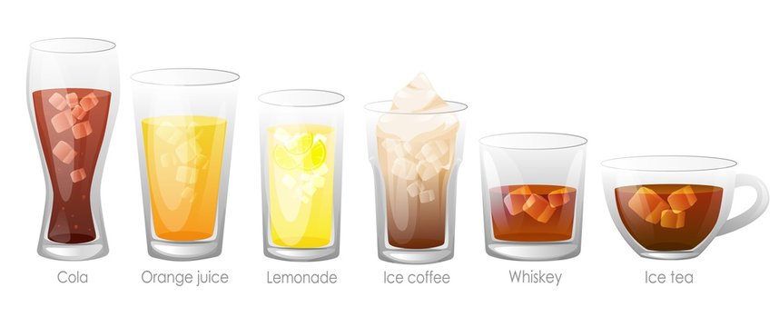 Set of refreshing tasty drinks with ice. Summer drinks are alcoholic. Juice, cola, whiskey tea, with ice.