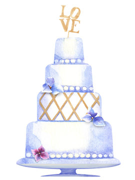 Wedding cake with hydrangeas, gold elements.  Isolated elements on a white background.  Stock illustration hand painted in watercolor.
