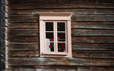 Obraz na płótnie Canvas An old log house and a window, where is a red Geranium