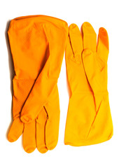 Rubber gloves for cleaning isolated on a white background. Orange gloves for hand protection. Gloves for cleaning.