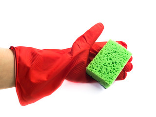 Rubber gloves and a washcloth for cleaning isolated on a white background. Set of rubber gloves and sponge. Composition of protective gloves and washcloths in hand.