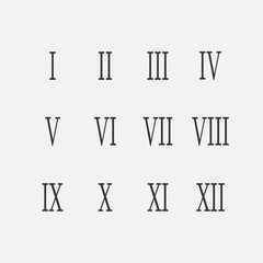 Set of roman numbers for watches isolated on a white background. 
