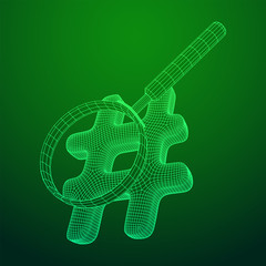 Hashtag with magnifying glass. Concept of social media, micro blogging PR and popularity. Wireframe low poly mesh vector illustration