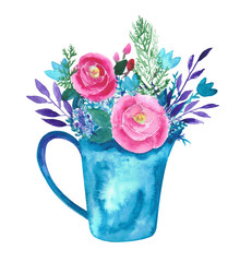 Watercolor illustration of spring flowers. Beautiful bouquet of colored flowers in a blue pot. Ideal for greeting card for Mother's Day, congratulations on spring. Isolated.