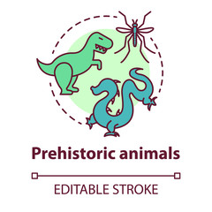 Prehistoric animals concept icon. Paleontological researching. Study of extinct and mythical animals. Evolution theory idea thin line illustration. Vector isolated outline drawing. Editable stroke