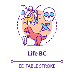 Life BC concept icon. Paleontological research. Studying development of life on planet. Evolution theory idea thin line illustration. Vector isolated outline drawing. Editable stroke