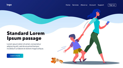 Son losing his toy walking with mother. Woman with boy hurrying flat vector illustration. Carelessness, gadget addiction concept for banner, website design or landing web page
