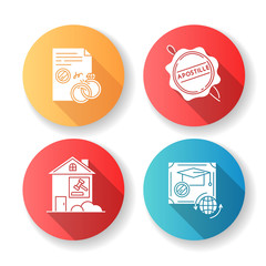Notary services flat design long shadow glyph icons set. Apostille and legalization. Divorce. Diploma. Real estate litigation. Wax seal. Notarized document. Silhouette RGB color illustration