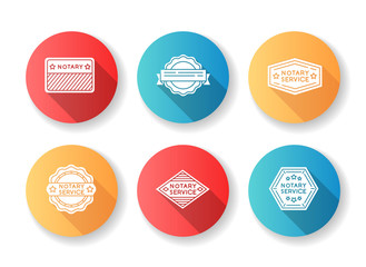 Notary service stamps flat design long shadow glyph icons set. Apostille and legalization. Approval, confirmation. Legal paper. Notarization. Authentification. Silhouette RGB color illustration