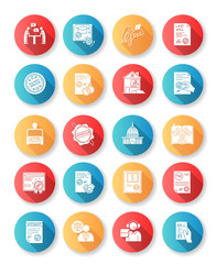 Notary services flat design long shadow glyph icons set. Apostille and legalization. Notarized document. Legal paper. Notarization. Legislature. Certificate. License. Silhouette RGB color illustration