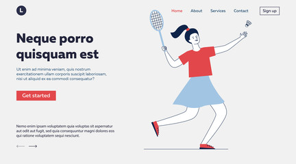 Cheerful girl playing badminton. Young woman holding racket and throwing shuttlecock flat vector illustration. Outdoor activity, sport, hobby concept for banner, website design or landing web page