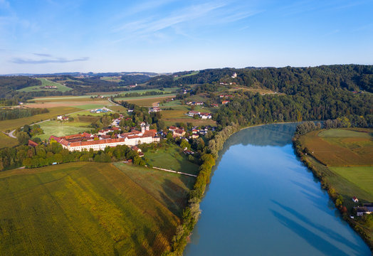 Germany, Bavaria, Gars am Inn, Aerial view of river Inn and Gars Abbey