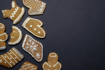 Christmas candy. Christmas frame with gingerbread cookies. Merry Christmas greeting card, banner. Winter holiday xmas theme. Happy New Year. Space for text
