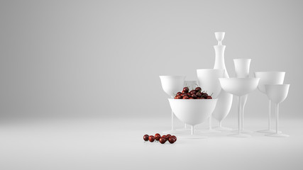 Close-up of variety of empty waxy glasses for water, wine, martini, champagne and other. Bottle and cup with cherries on white background with copy space