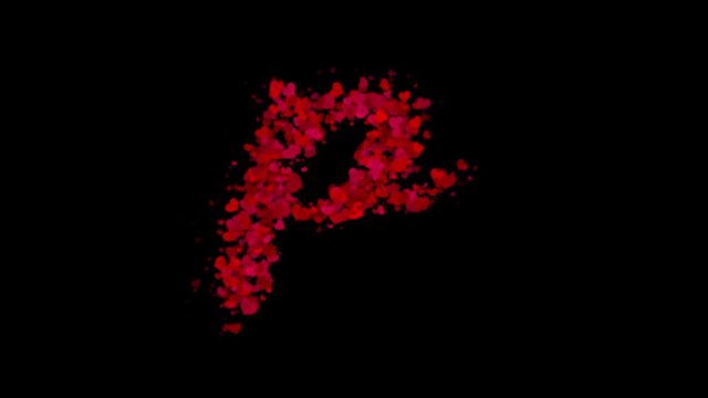 Letter P lowercase made from red hearts reveals in center and fades away with wind.