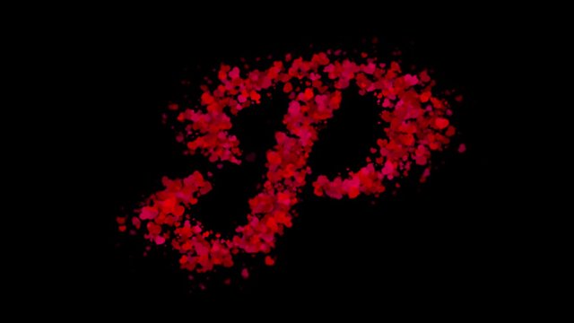 Letter P uppercase made from red hearts reveals in center and fades away with wind.