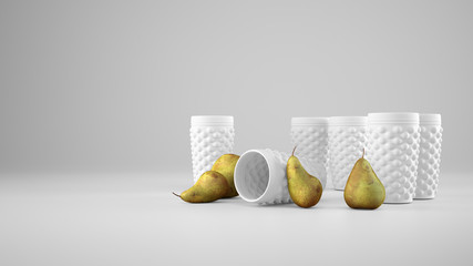 Close-up of variety of empty gummy glasses for water, juice, beer, milkshake and other. Four pears on white background with copy space