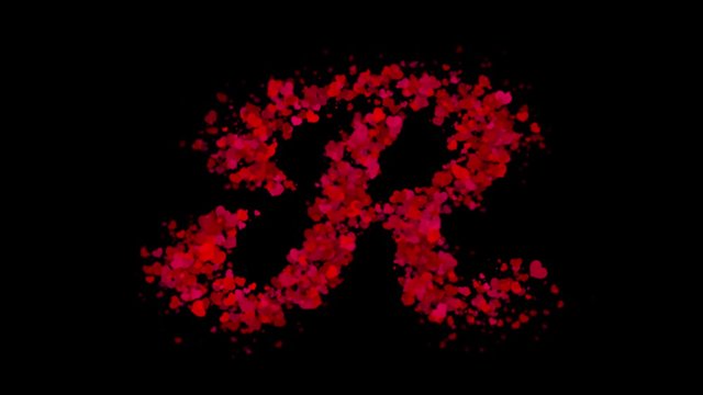 Letter R uppercase made from red hearts reveals in center and fades away with wind.