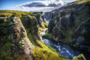 spectacular view into Kirkjubæjarklaustur canyon in southern Iceland, landscape  - obrazy, fototapety, plakaty