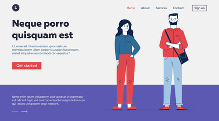 Young stylish couple. Bearded man and woman wearing trendy clothes flat vector illustration. People, millennials, fashion concept for banner, website design or landing web page