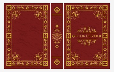 Red and gold ornament of classical book cover vector flat illustration. Decorative vintage frame or border for printing on royal retro style covers of books isolated on white background © Богдан Скрипник