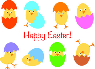 Happy Easter collection of funny cute cartoon chickens with colorful eggshells. Isolated on white background. Flat vector illustration.