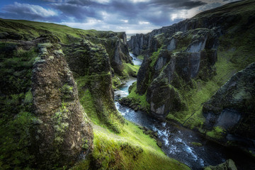 spectacular view into Kirkjubæjarklaustur canyon in southern Iceland, landscape 
