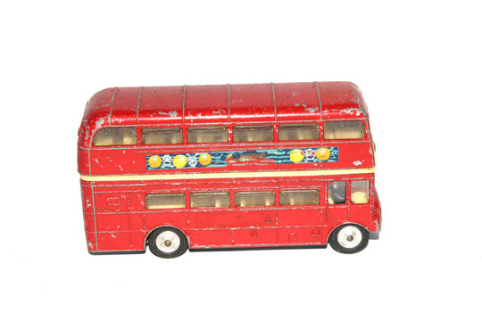 Vintage Toy Tin London English Bus on White Background