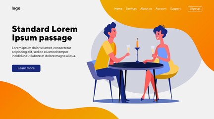 Young couple enjoying romantic dinner. Man and woman drinking wine in restaurant flat vector illustration. Dating, love, romance concept for banner, website design or landing web page