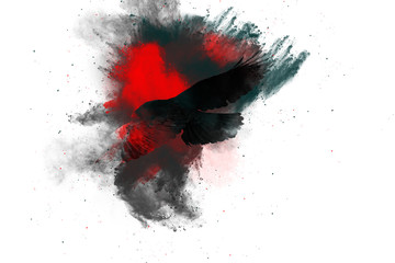 Flying bird. Dispersion, splatter effect. Black background. 