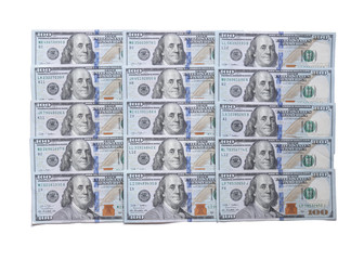 Background of one hundred dollar bills. Benjamin Franklin on USA money banknote.  American dollars...