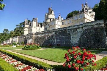 Fototapeta na wymiar Les remparts et la façade du château d’Ussé vus depuis les jardins