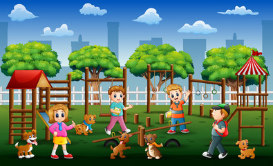 Children and friends playing in a public park with their pets