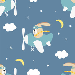 Kids transport seamless pattern with cute hare on airplane. Vector Illustration. Great for baby clothes, greeting card, wrapping paper. Rabbit on plane.