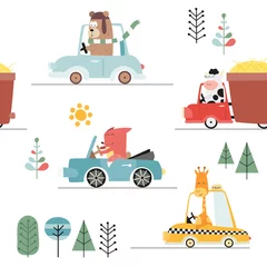 Tapeten Tiere im Transport Kinder transportieren nahtloses Muster mit süßen Tieren und Autos. Vektor-Illustration. Ideal für Babykleidung, Grußkarten, Geschenkpapier. Bär, Fuchs, Kuh, Giraffe.