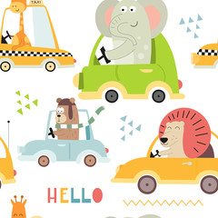 Kids transport seamless pattern with cute animals and cars. Vector Illustration. Great for baby clothes, greeting card, wrapping paper. Bear, lion, elephant, giraffe.