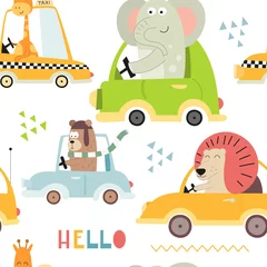 Wallpaper murals Cars Kids transport seamless pattern with cute animals and cars. Vector Illustration. Great for baby clothes, greeting card, wrapping paper. Bear, lion, elephant, giraffe.