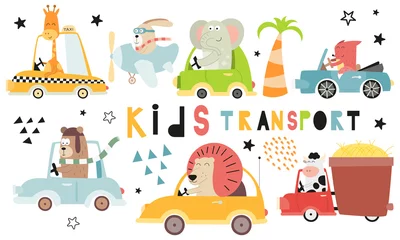 Foto op Plexiglas Kinderen vervoer collectie met schattige dieren op witte achtergrond. Hand getekend. Doodle cartoon auto& 39 s voor kinderkamer posters, kaarten, t-shirts. Vector illustratie. Auto, taxi, cabrio. © Nursery Art