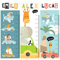 Kids height chart with kids transport and animals in doodle cartoon style. Vector Illustration. growth measure for nursery design. Great for girl and boy.