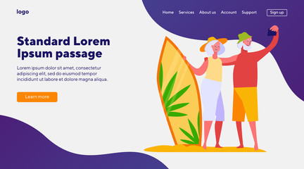 Senior couple with surfboard taking selfie. Retired surfers enjoying summer on beach flat vector illustration. Surfing, vacation, resort concept for banner, website design or landing web page