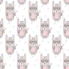 Seamless pattern with cute rabbit and heart. Vector